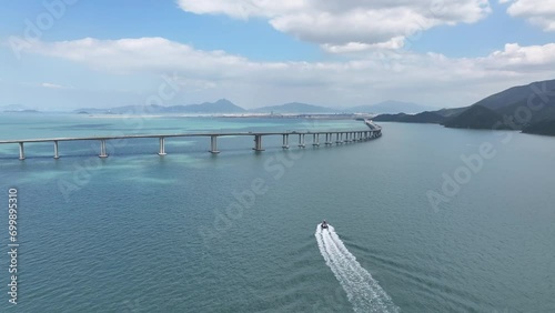 Aerial drone skyview of Hong Kong-Zhuhai-Macao Bridge at Chek Lap Kok Lantau Island near Tung Chung Tuen Min,is the longest bridge-cum-tunnel sea crossing in the world photo