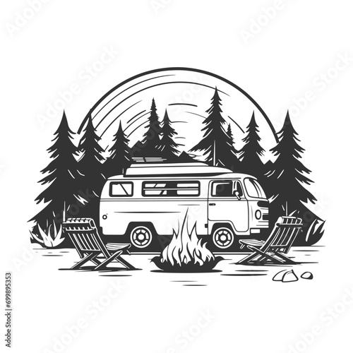 Camper Illustration Clip Art Design Shape. Camping Silhouette Icon Vector.
