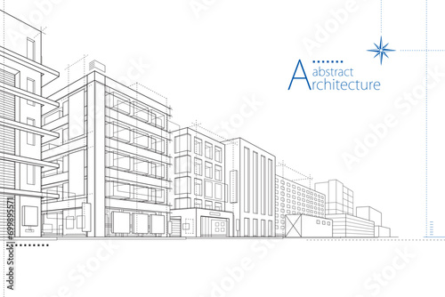 3D illustration, abstract modern urban landscape line drawing, imaginative architecture building construction perspective design. photo