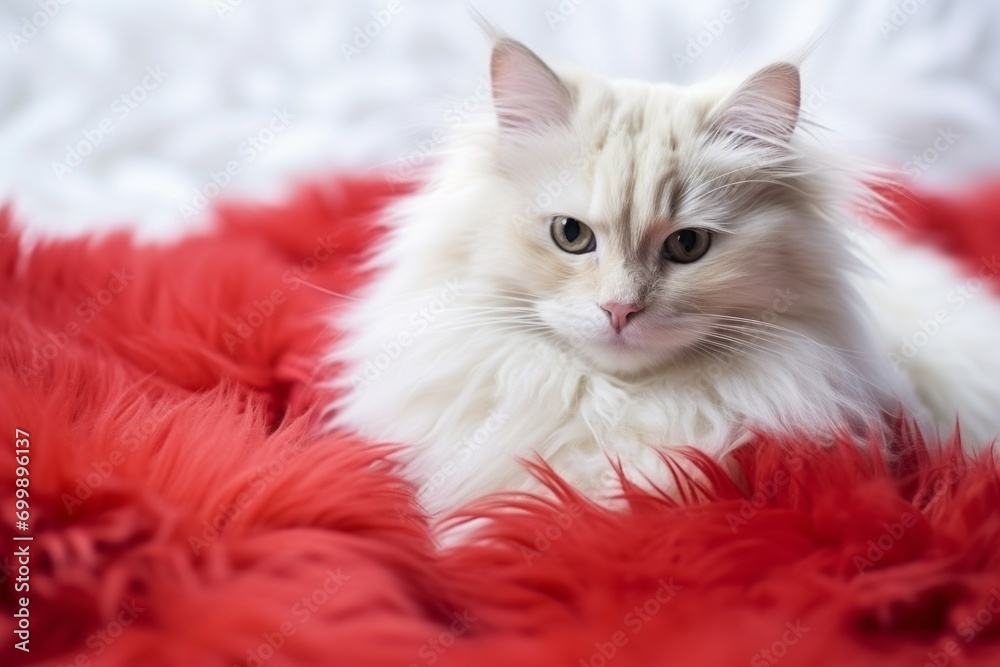 The cat sleeps on a fluffy rug. Background with selective focus and copy space The cat sleeps on a fluffy rug. Background with selective focus and copy space