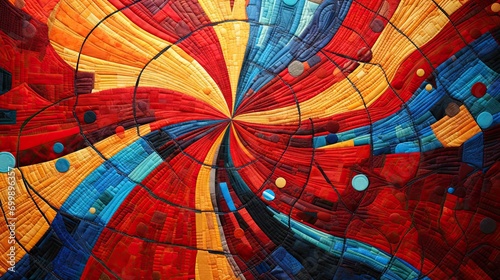 Vibrant Abstract Mosaic Artwork with Radiant Patterns in Red and Blue Tones