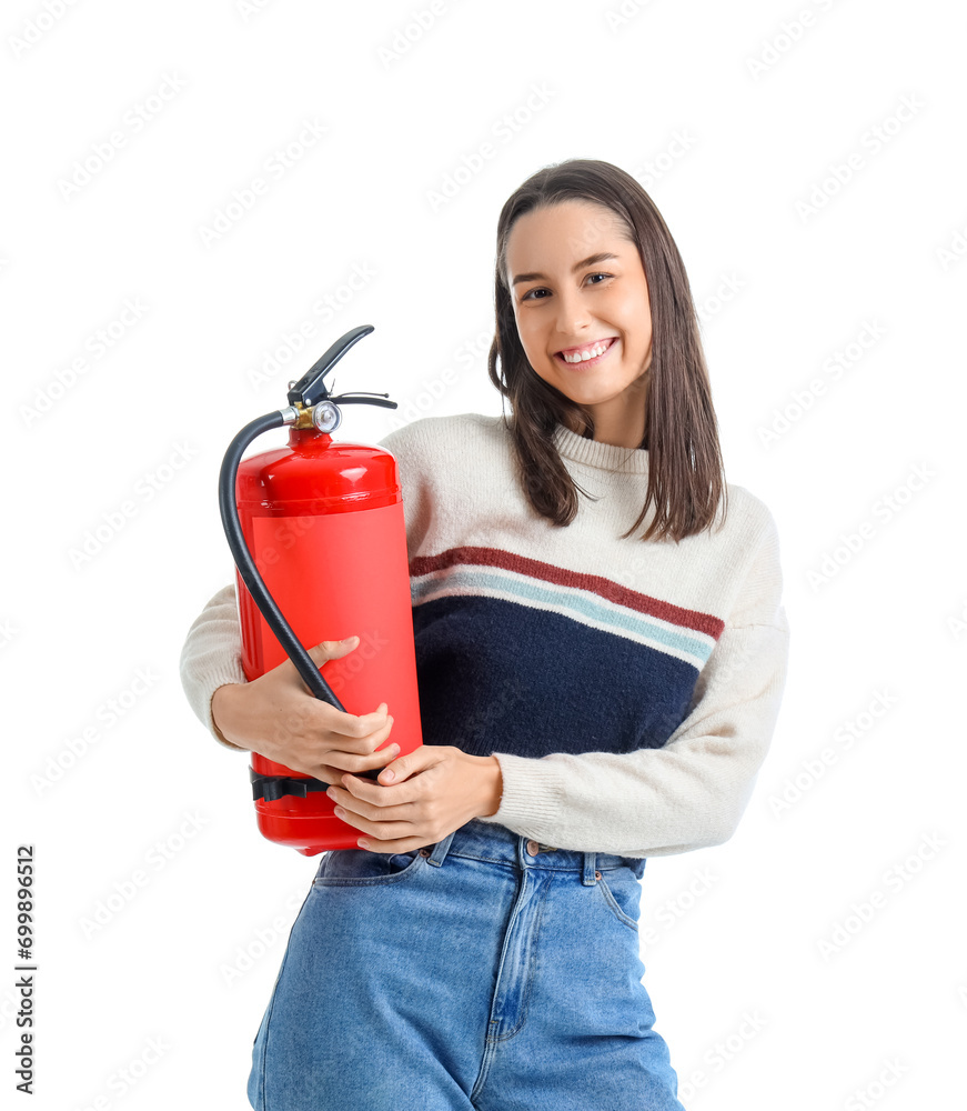 Young woman with fire extinguisher on white background Young woman with fire extinguisher on white background
