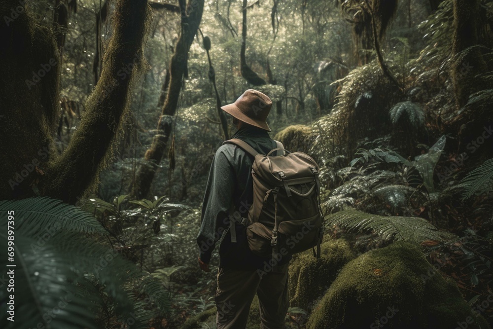 Hiker stands in lush forest, backpack on, admiring nature. Respectful. Generative AI