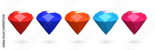 3D diamonds of different colors. Set of colored cartoon diamonds. Vector illustration