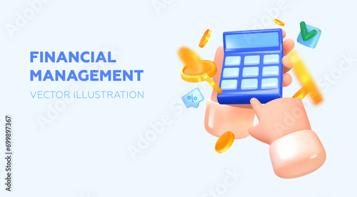 Calculator in hand, coins flying around. In 3D style. Financial management concept. Vector illustration