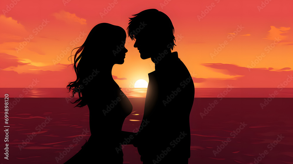 silhouette of a young couple in love on a beautiful sunset on the beach