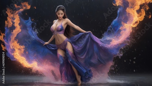 : beautiful lady a stunning and contrasting scene unfolds against a black backdrop as flames and embers embrace
