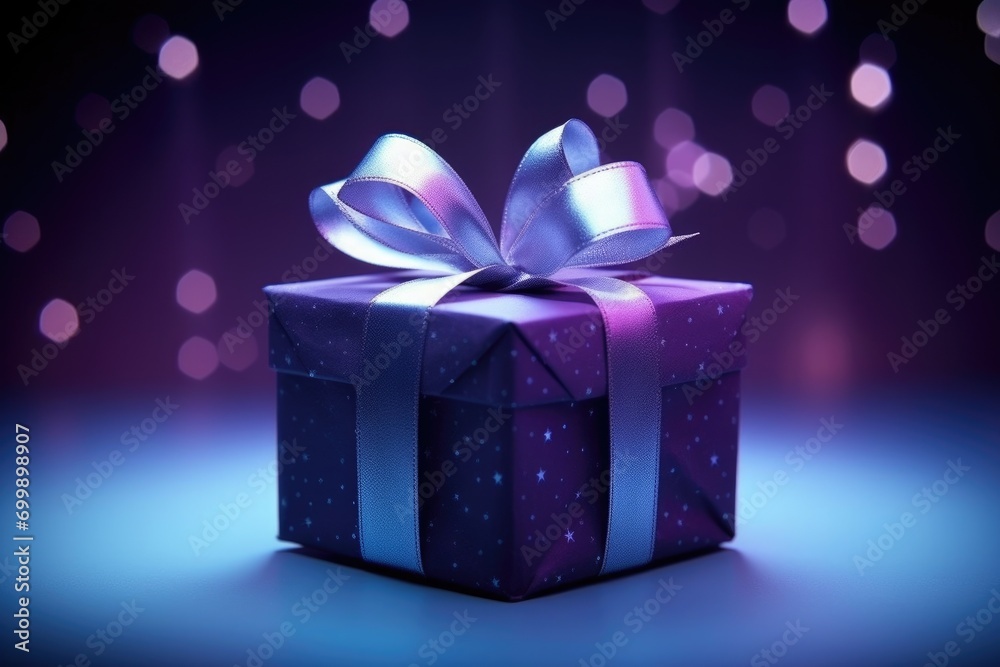 Stylish purple gift box with violet ribbon bow on dark blue background with lights and sparkles. Valentine, Christmas, New Year, birthday or holiday greeting card or banner with copy space Stylish purple gift box with violet ribbon bow on dark blue background with lights and sparkles. Valentine, Christmas, New Year, birthday or holiday greeting card or banner with copy space