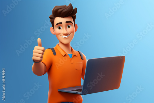 Young smilin man holding and pointing at blank screen laptop computer. Distance and e-learning education concept. 3d vector people character illustration. Cartoon minimal style photo