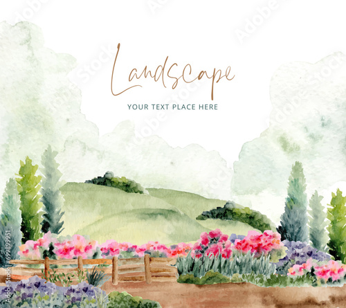 hills and flower garden watercolor landscape