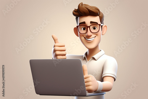 Young smilin man holding and pointing at blank screen laptop computer. Distance and e-learning education concept. 3d vector people character illustration. Cartoon minimal style photo