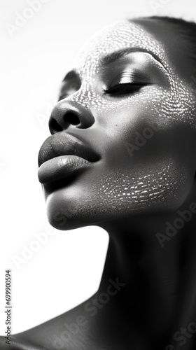 Black and white photo of a young black African woman, in professional makeup, transcendent, high contrast, white background, beautiful facial sculpt, beautiful bone structure with generative ai