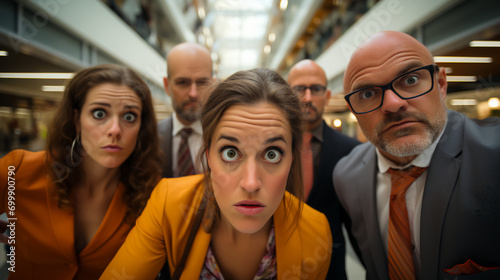 Quirky group of business people - reactions shot - close-up low angle shot - stylish business dress - business crisis 