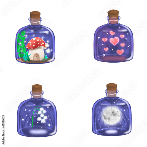 Glowing stuffs design (red mushroom house, pink hearts, white bell flower, and fulll moon) in the bottle that can be used for sticker and card design.  photo