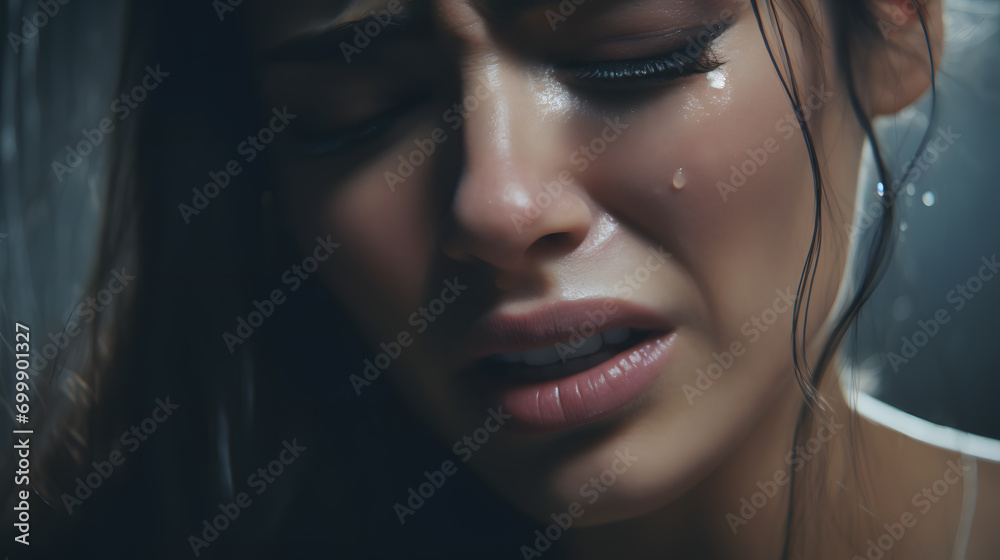 Woman sad and crying with tears in her eyes due to distress - concept of family violence, sadness, stress, etc. - obrazy, fototapety, plakaty 