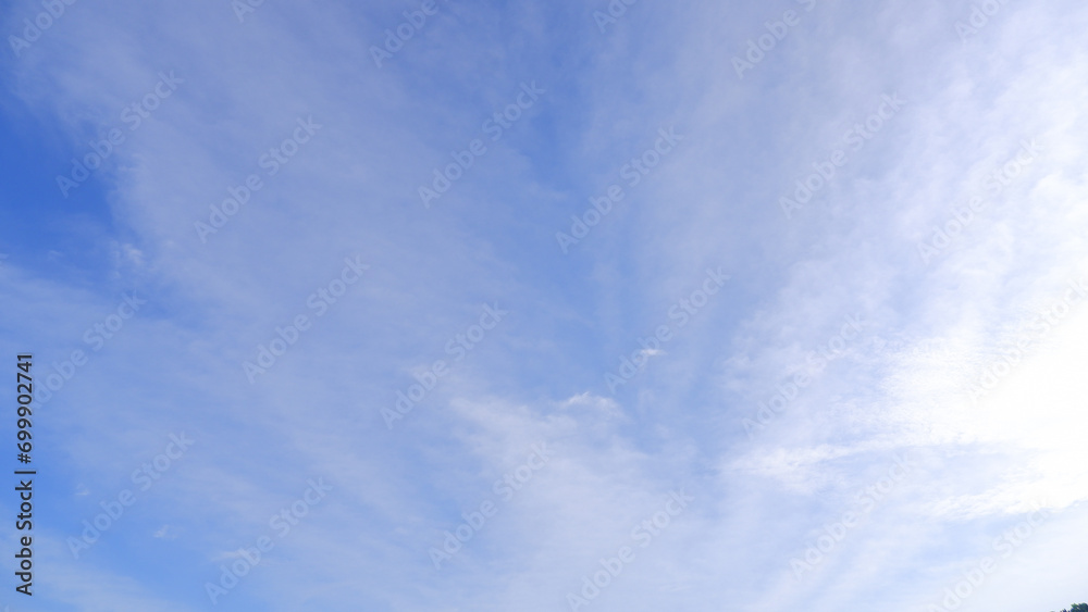 Natural Panoramic View Of Thin White Clouds In A Bright Blue Sky