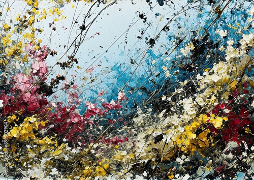 Abstract floral splatter painting with colorful blooms on canvas photo