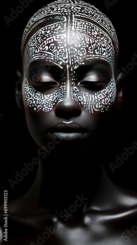 Black and white photo of a young black African woman, in professional makeup, transcendent, high contrast, white background, beautiful facial sculpt, beautiful bone structure with generative ai