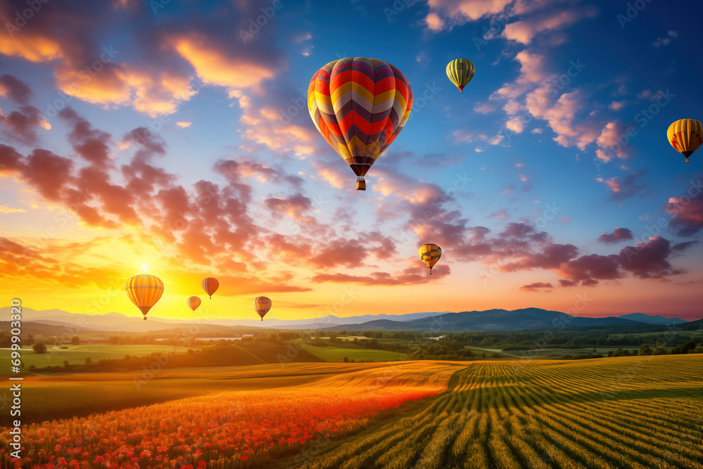 Colorful hot air balloons over blooming field meadow at sunset