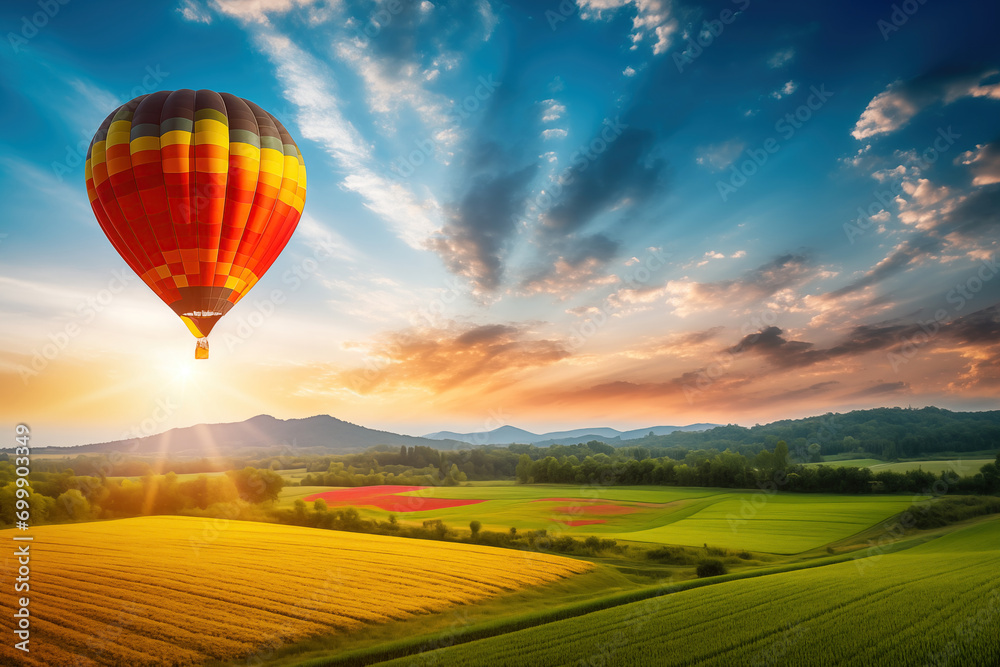 Fototapeta premium Colorful hot air balloon over blooming field meadow at sunset