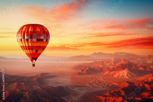 Colorful hot air balloon over desert mountains at sunset