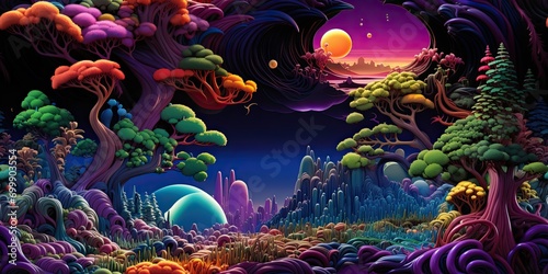 Fantasy Alien Landscape with Vibrant Flora and Celestial Bodies © Ross