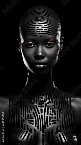 Black and white photo of a young black African woman  in professional makeup  transcendent  high contrast  white background  beautiful facial sculpt  beautiful bone structure with generative ai