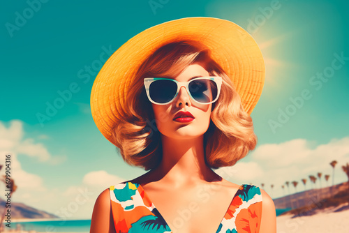 Capturing beauty and style: a retro vintage portrait of a stunning woman against a sunny beach backdrop, exuding 60's charm. Collage-style illustration with high contrast and vivid colors.