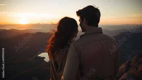 couple of 2 young Latinos in love with a beautiful backlit sunset