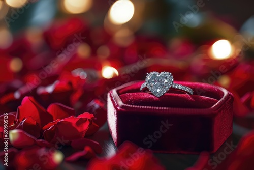 Luxurious velvet box holding a sparkling heart-shaped diamond ring, with soft rose petals scattered around. photo