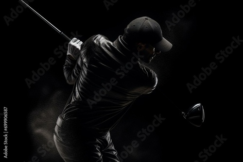Golfer in a black silhouette swinging a golf club. Generative AI photo