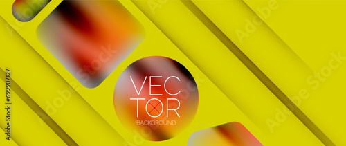Dynamic bright colorful geometric elements with fluid gradients, lights, shadows blend in a minimal backdrop, creating captivating composition