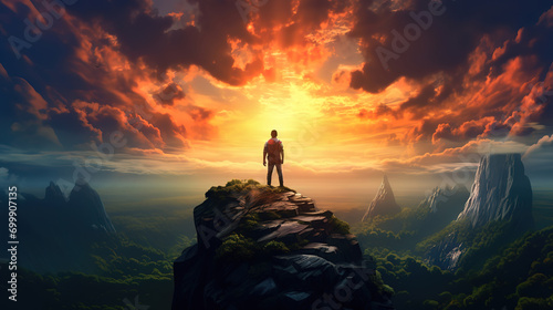 Man standing on top of the mountain and looking into the distance. Generative Ai