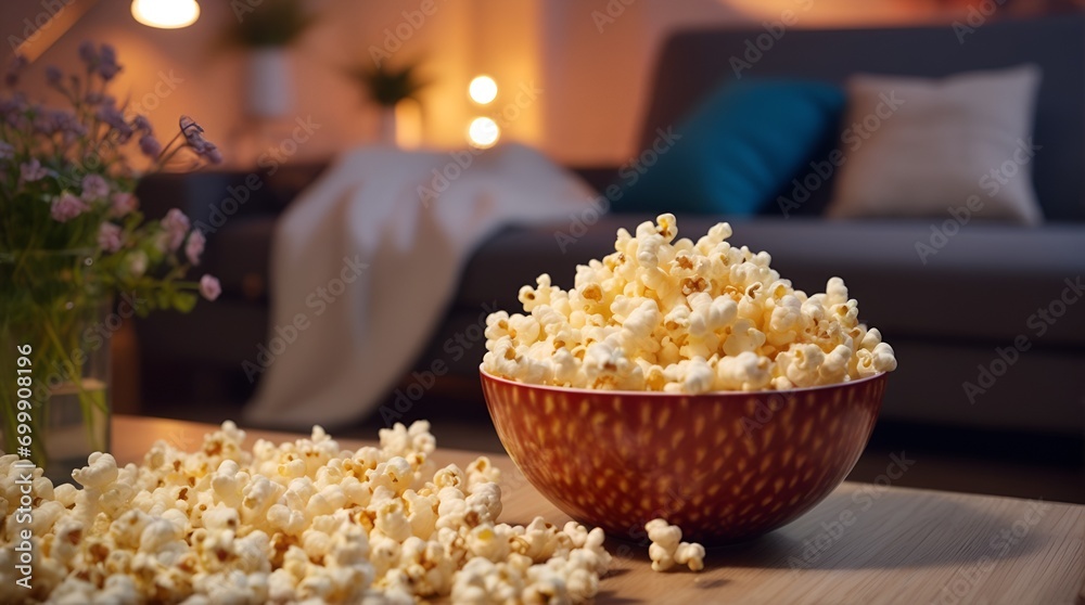 a glass bowl overflows with freshly popped popcorn, while a remote control rests conveniently in front of the TV. a glass bowl overflows with freshly popped popcorn, while a remote control rests conveniently in front of the TV.