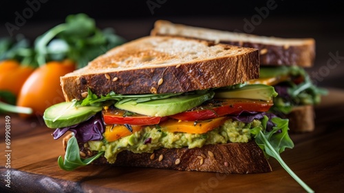 A close-up view of a gourmet vegetarian sandwich with avocado, hummus, and roasted vegetables, highlighting its rich textures.