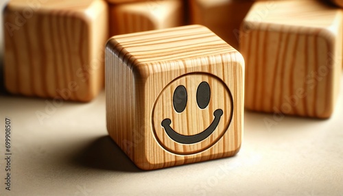 Wooden cubes with smiley face. 3d illustration. Selective focus.