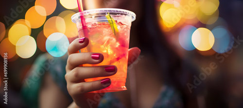 hand of a woman holding a refreshing drink in a party atmosphere to use in the restaurant bar