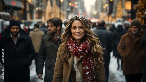 Beautiful woman walking down the street on happy winter holidays