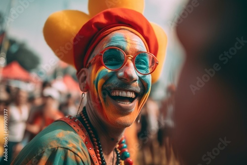 A silly character often seen at festivals and parties, dressed in bright colors and performing slapstick comedy. Generative AI