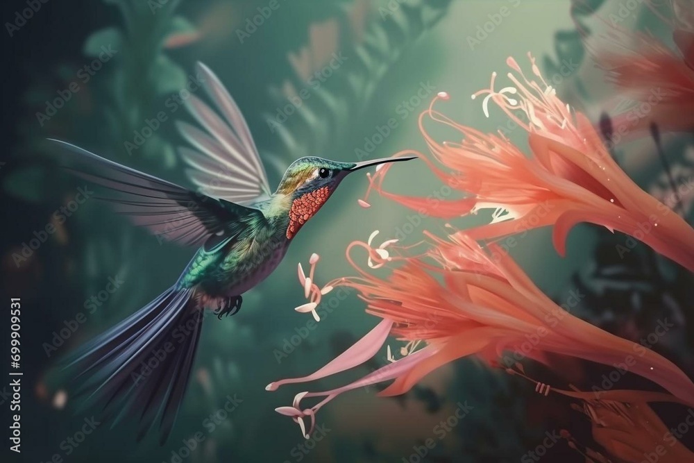 Hummingbird in flight close-up, against a background of tropical forest and plants drinking flower nectar. Generative AI