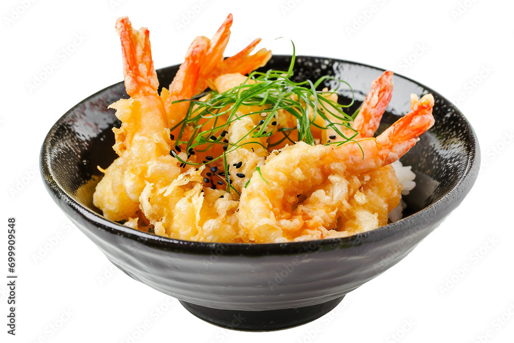 Tempura , black bowl, transparent background, isolated image, generative AI Tempura , black bowl, transparent background, isolated image, generative AI