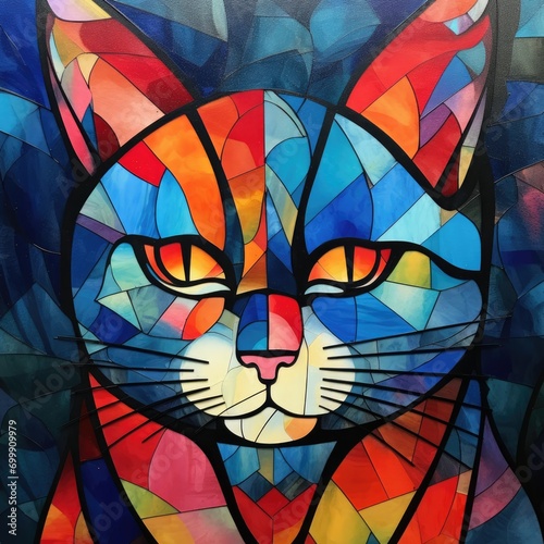 Stained glass art depicting a beautiful cat. 