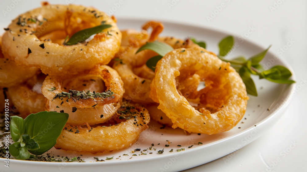 Front view fresh fried onion ring with clear white background and spotlight for product presentation. Created using generative AI. Front view fresh fried onion ring with clear white background and spotlight for product presentation. Created using generative AI.