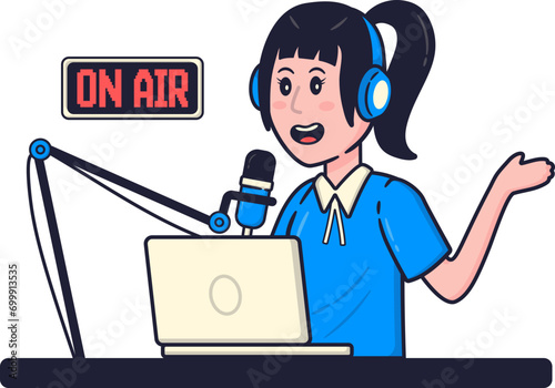 Female Character Live Streaming on Podcast, Podcast Illustration