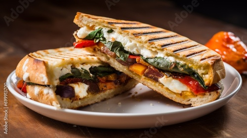 A high-quality image of a roast vegetable and goat cheese panini, with a focus on the grilled marks and melted cheese.