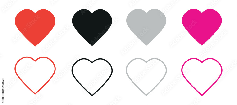 set of heart icons, love symbol, happy Valentine's day icon, flat design style, isolated on white background