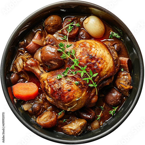 Coq au Vin , top view, black bowl, transparent background, isolated image, generative AI