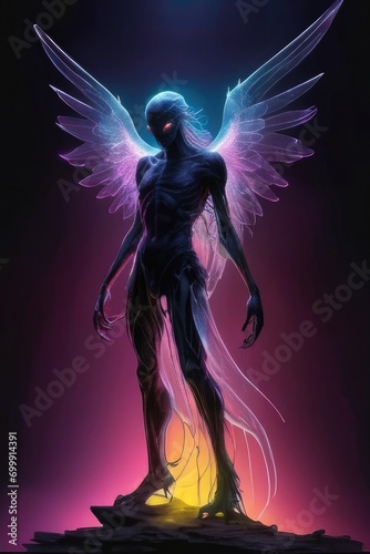 High detailed illustration of the dark silhouette of a rotten archangel