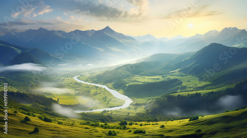 Beautiful sunshine spreads with warm colors around the green grass and fields