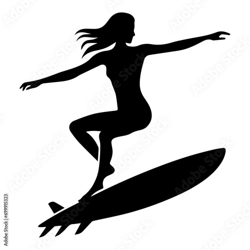 minimal Women's surfing vector silhouette, black color silhouette, white back ground